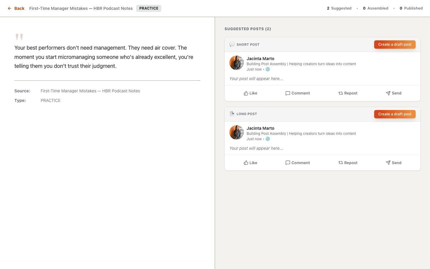 Post Assembly — Idea detail with suggested posts