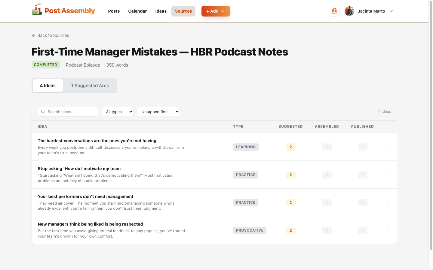 Post Assembly — Source detail with extracted ideas