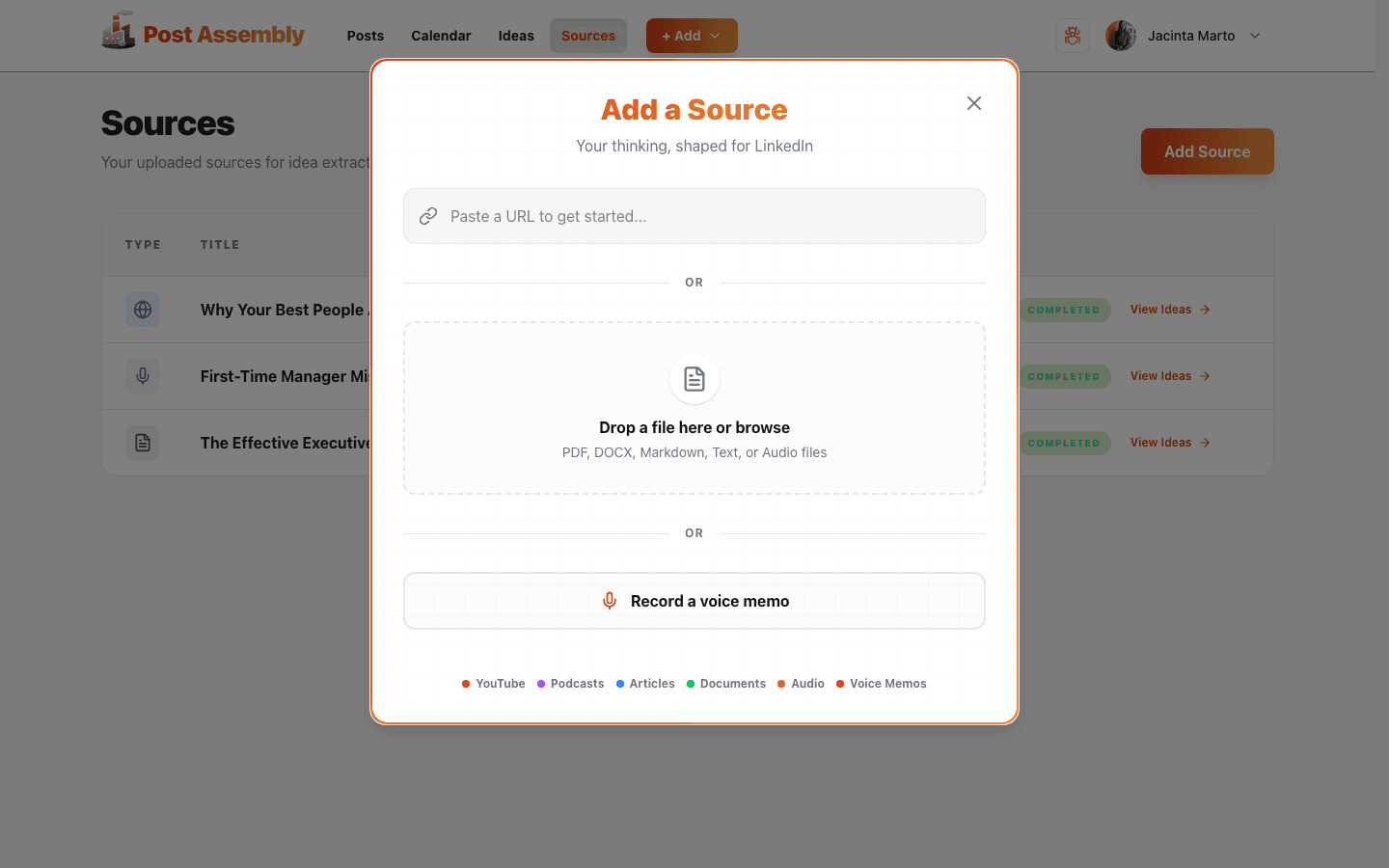 Post Assembly — Add a Source modal